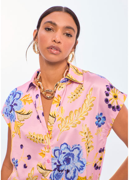 LS2615063 Floral Print Satin Top بلوزة من الساتان بنقشة الزهور - Brown Loft