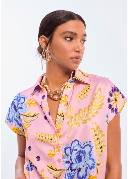 LS2615063 Floral Print Satin Top بلوزة من الساتان بنقشة الزهور - Brown Loft