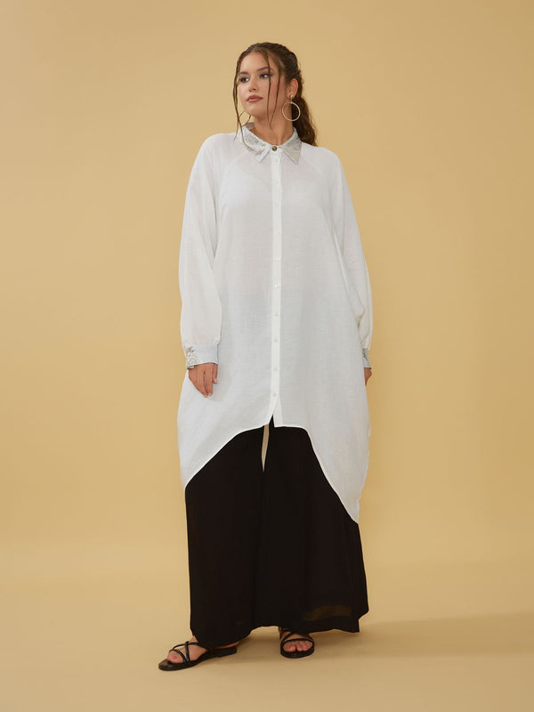 Oversized Asymmetric Linen Long Back Shirt - 8301.7161