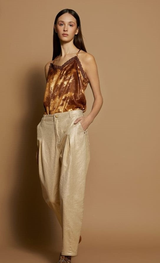 M100P03NUT Gold Effect Pants السراويل تأثير الذهب