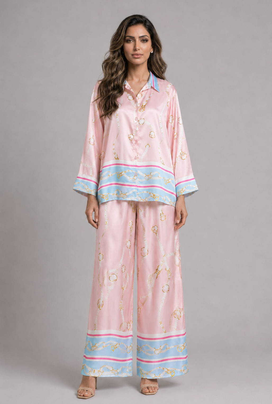 Equestrian Print Satin Two-Piece Set KD9712/6637VS-1