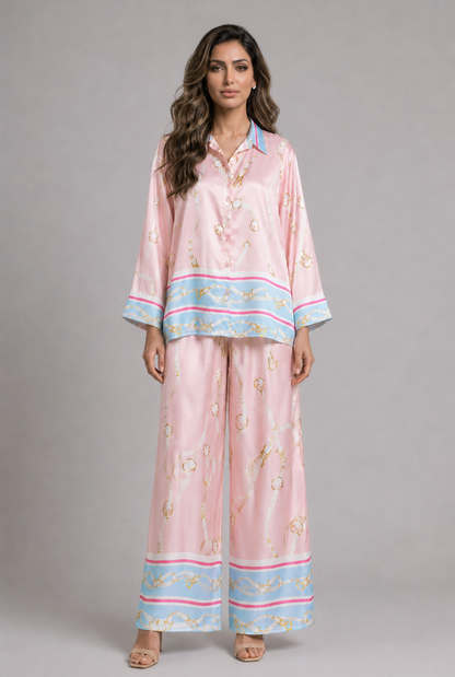 Equestrian Print Satin Two-Piece Set KD9712/6637VS-1