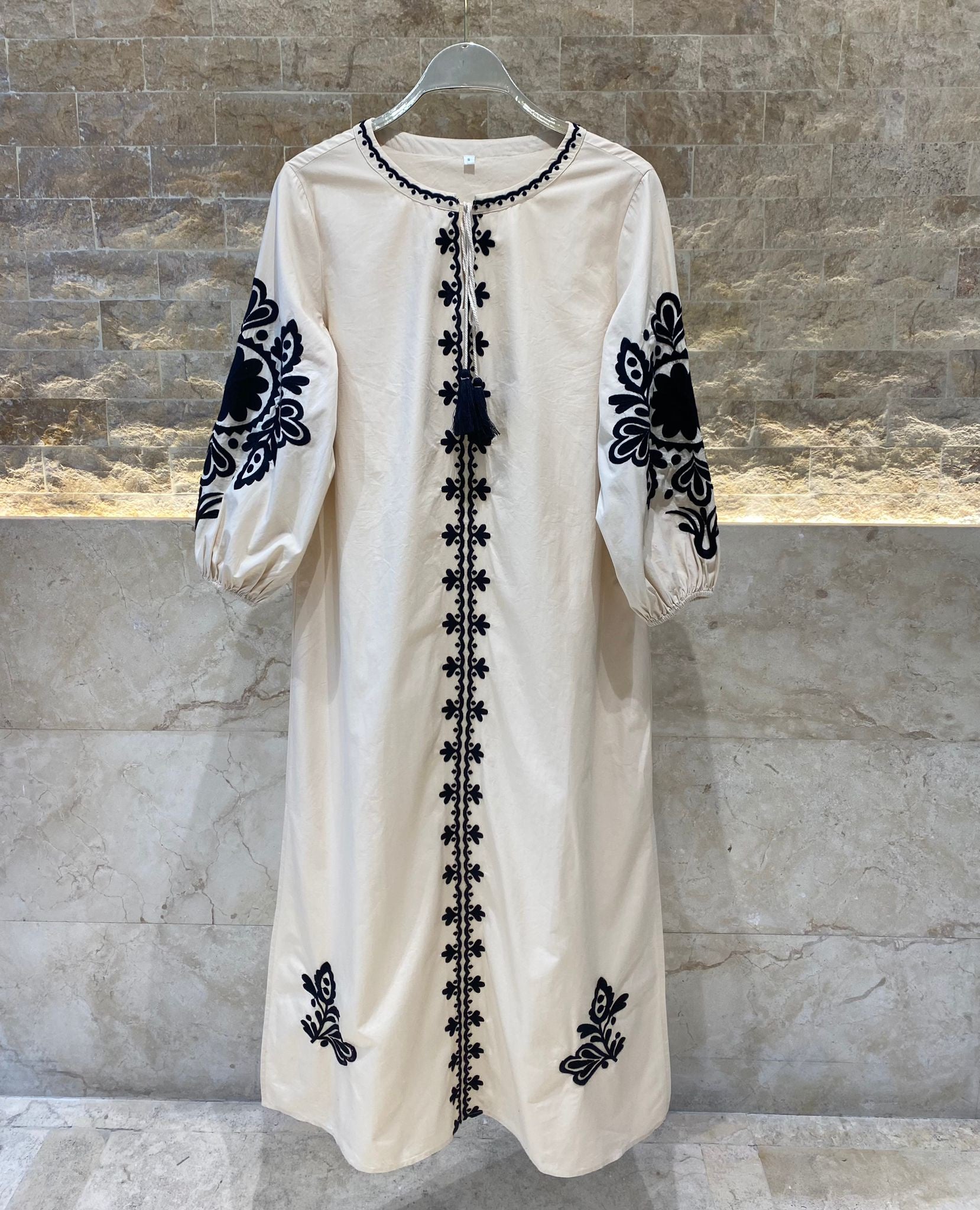 Ivory Embroidered Long Kaftan Dress - AWSS-187 - Brown Loft