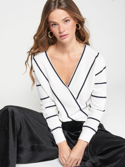32896 V Neck Navy Striped Knitwear Top - Brown Loft