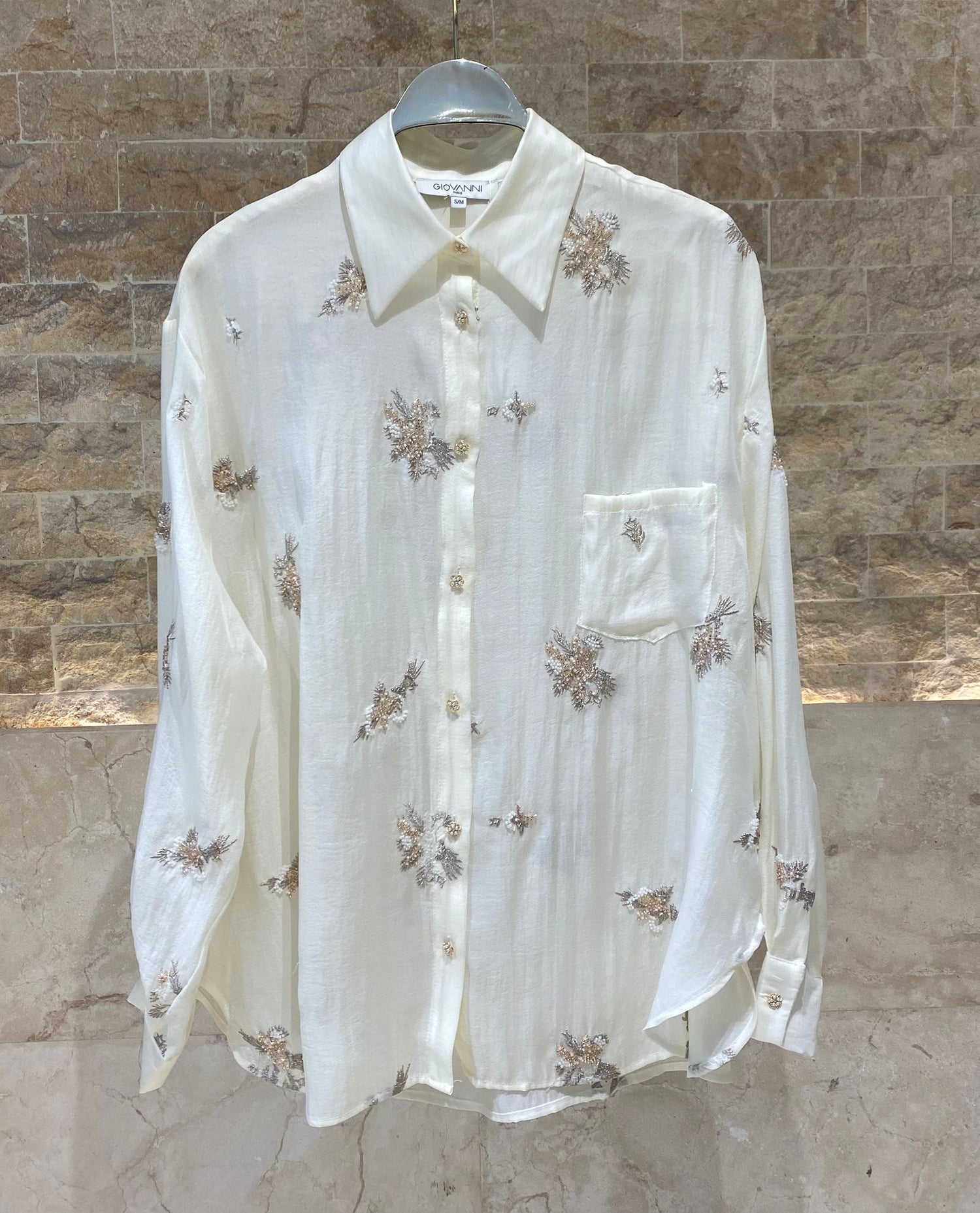 Layla Floral Embroidery Beads Oversized Shirt قميص واسع مطرز بالخرز والزهور - Brown Loft