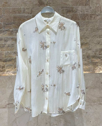 Layla Floral Embroidery Beads Oversized Shirt قميص واسع مطرز بالخرز والزهور - Brown Loft