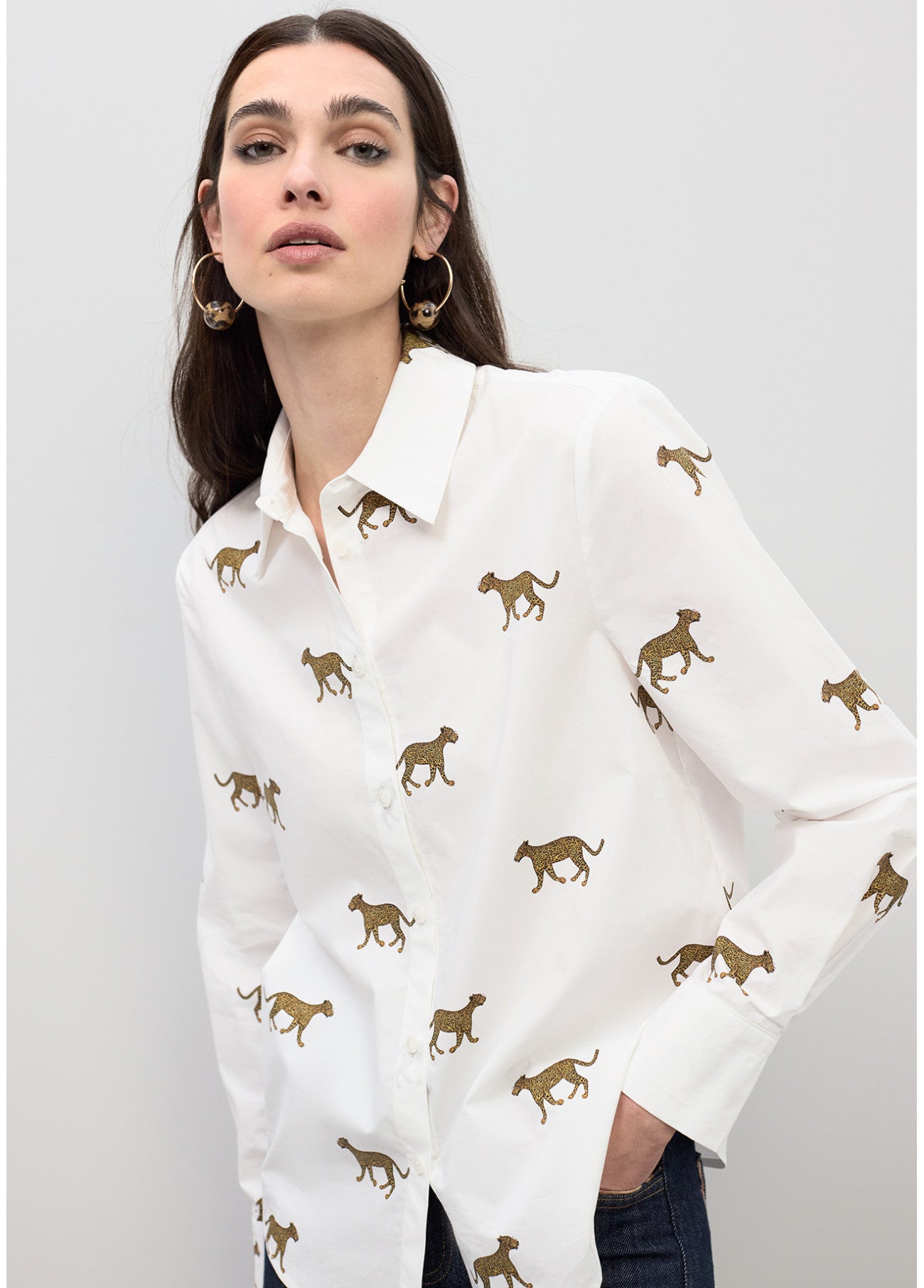 LS2615059 Leopard Print Poplin Shirt قميص بوبلين بطبعة النمر - Brown Loft