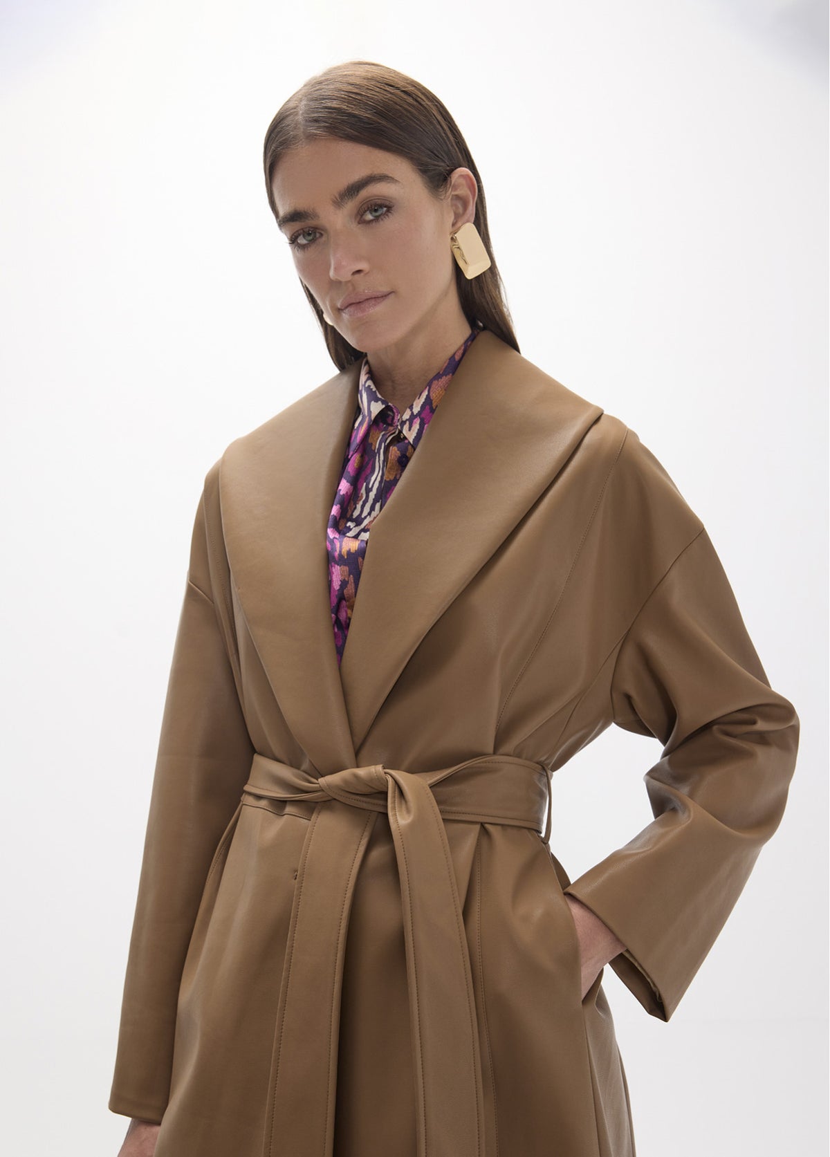 LF2601024 Double Breasted Belted Faux Leather Coat