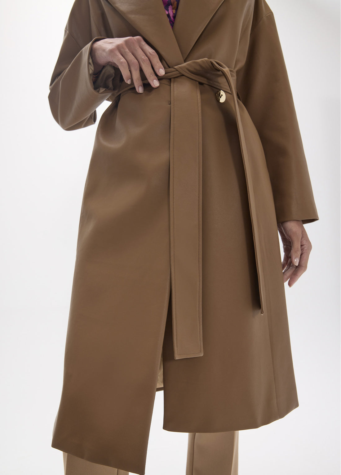 LF2601024 Double Breasted Belted Faux Leather Coat