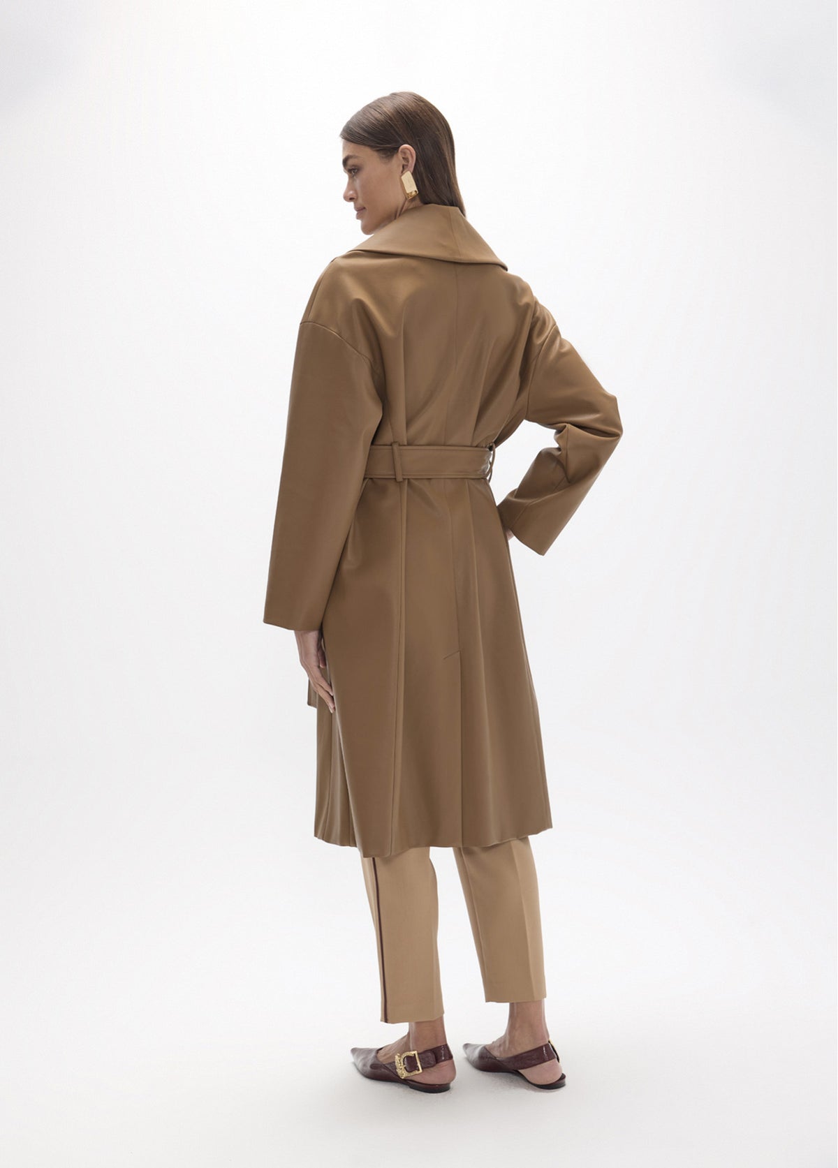 LF2601024 Double Breasted Belted Faux Leather Coat