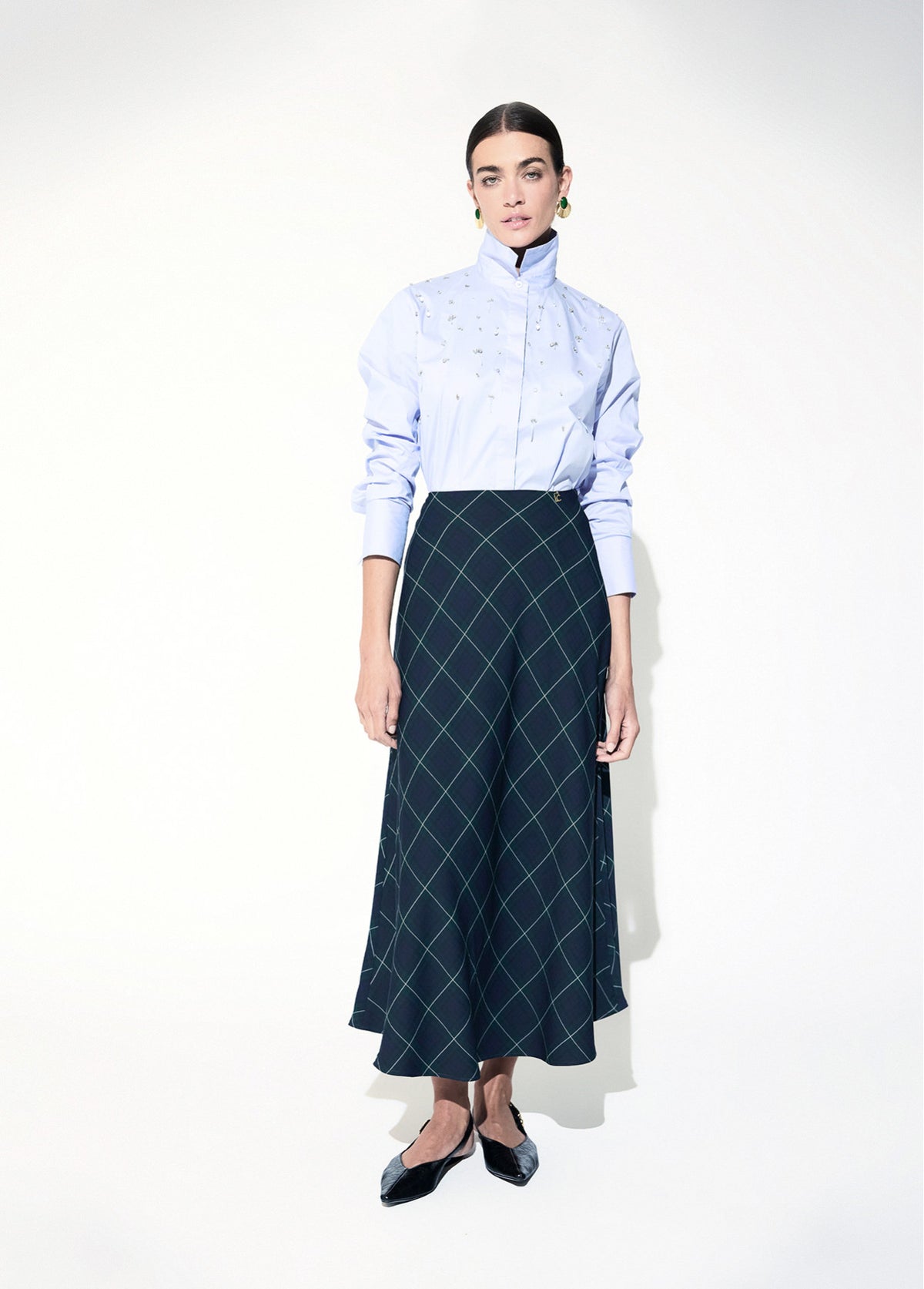 LF2608011 Tartan Patterned Midi Skirt