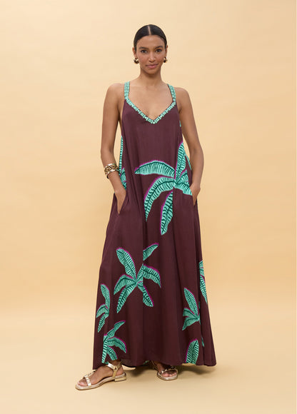 LS2616022/2004 Palm Print Strap Dress and Cardigan فستان بحزام مطبوع بأشكال النخيل وكارديغان - Brown Loft