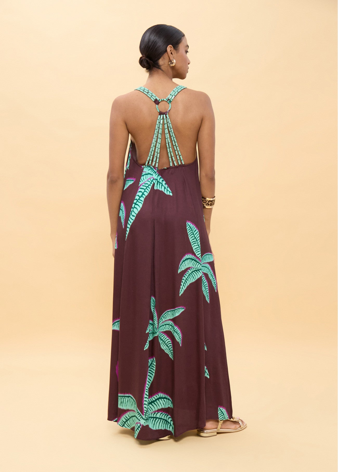 LS2616022/2004 Palm Print Strap Dress and Cardigan فستان بحزام مطبوع بأشكال النخيل وكارديغان - Brown Loft