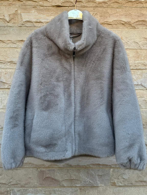 Melia سترة من الفرو الصناعي بسحاب وياقة عالية