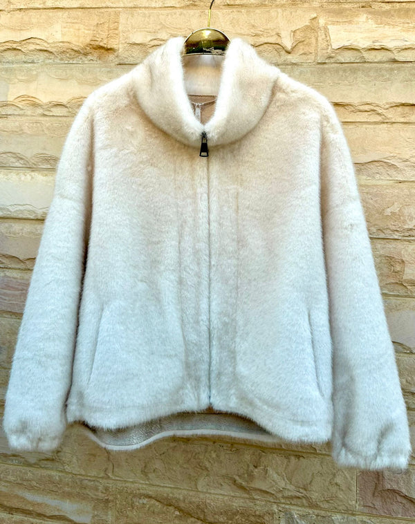 Melia سترة من الفرو الصناعي بسحاب وياقة عالية