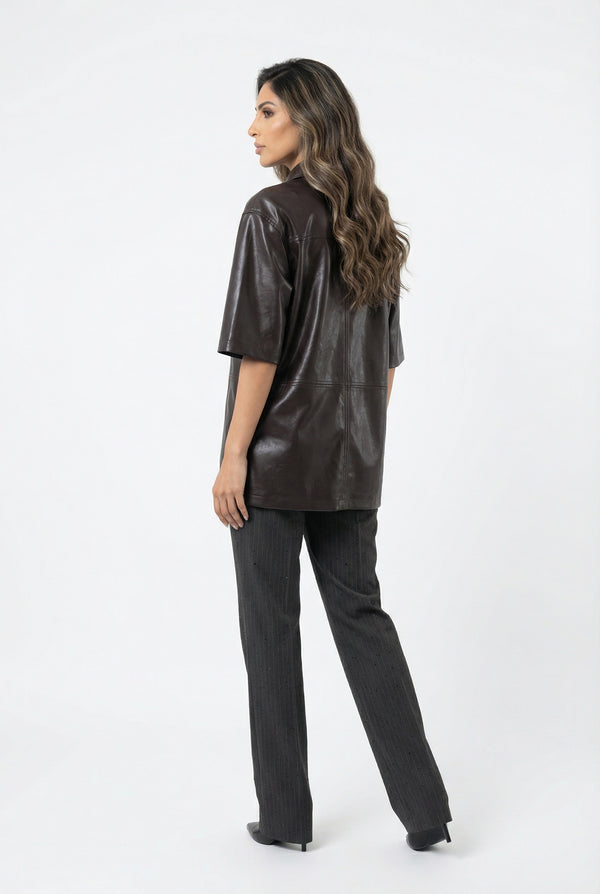 54-7009 Faux Leather Long Shirt قميص طويل من الجلد الصناعي