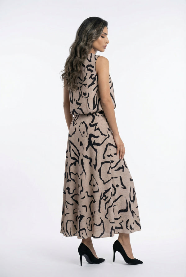 53-2142/6021 بلوزة منقوشة بدون أكمام وتنورة ماكسي واسعة