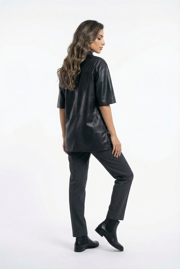54-7009 Faux Leather Long Shirt قميص طويل من الجلد الصناعي