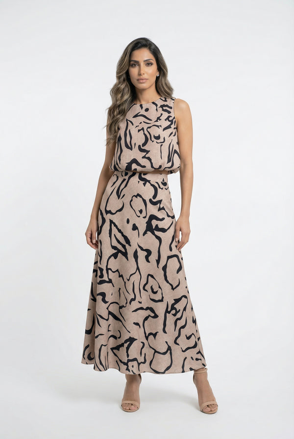 53-2142/6021 بلوزة منقوشة بدون أكمام وتنورة ماكسي واسعة