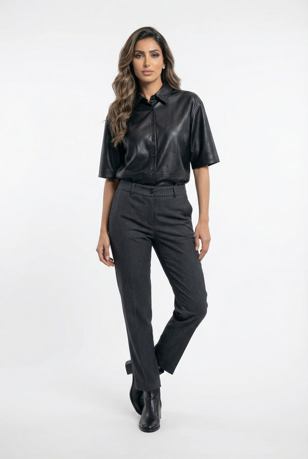 54-7009 Faux Leather Long Shirt قميص طويل من الجلد الصناعي
