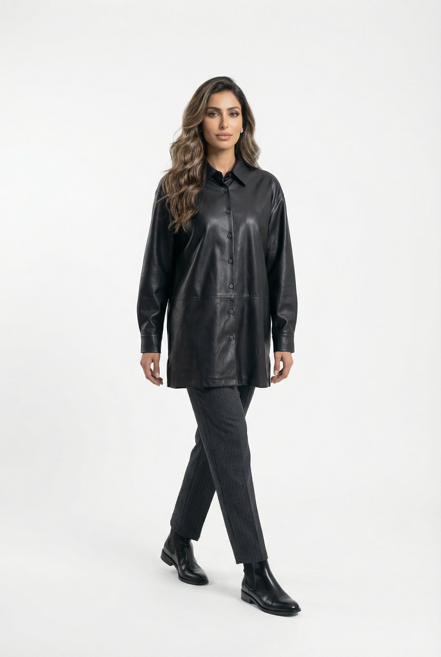 54-7009 Faux Leather Long Shirt - Brown Loft