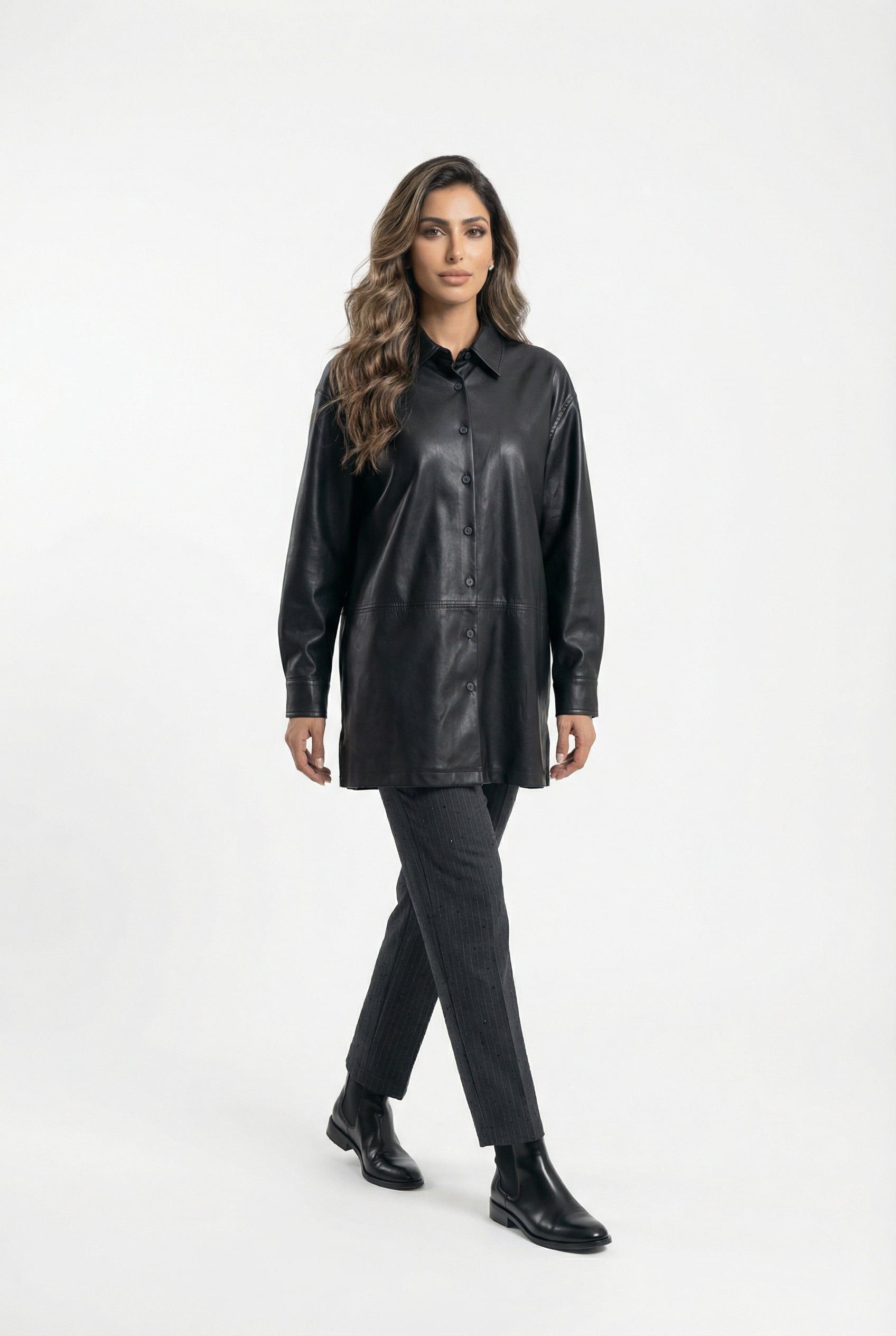 54-7009 Faux Leather Long Shirt - Brown Loft