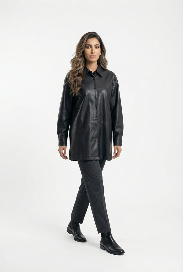 54-7009 Faux Leather Long Shirt قميص طويل من الجلد الصناعي