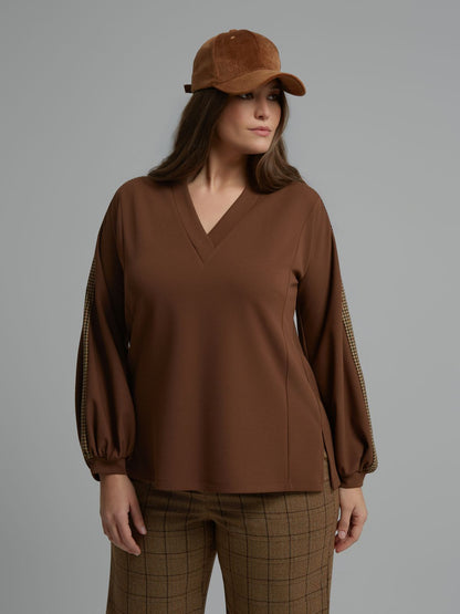 Checked Sleeve V-Neck &amp; Barrel Pants Set 8601.1013/2034