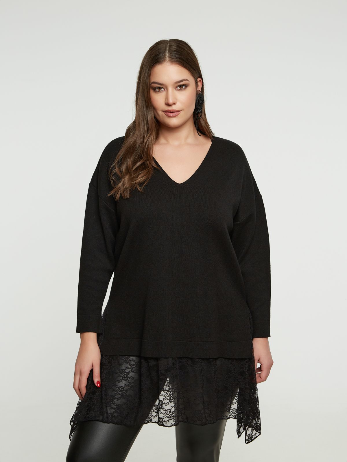 8401.5032 Rib Knit Lace Tunic Top - Brown Loft