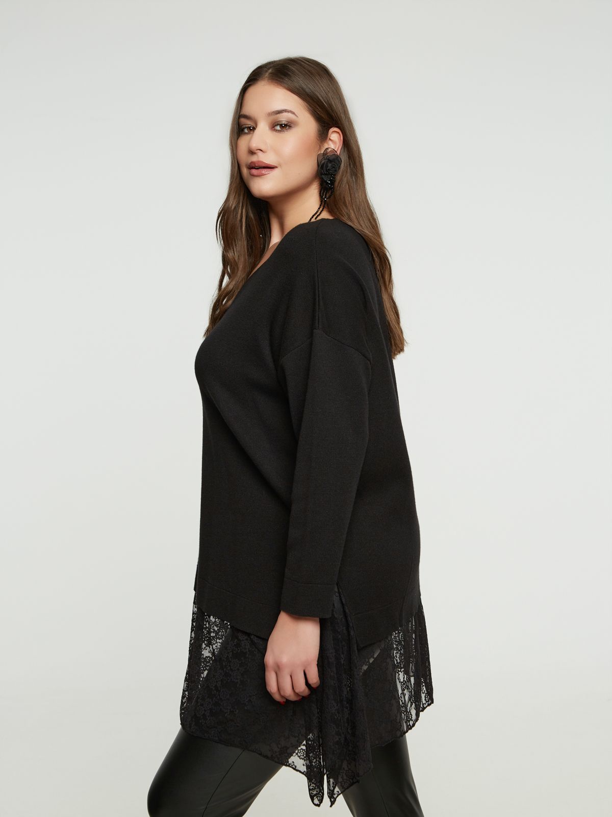 8401.5032 Rib Knit Lace Tunic Top - Brown Loft