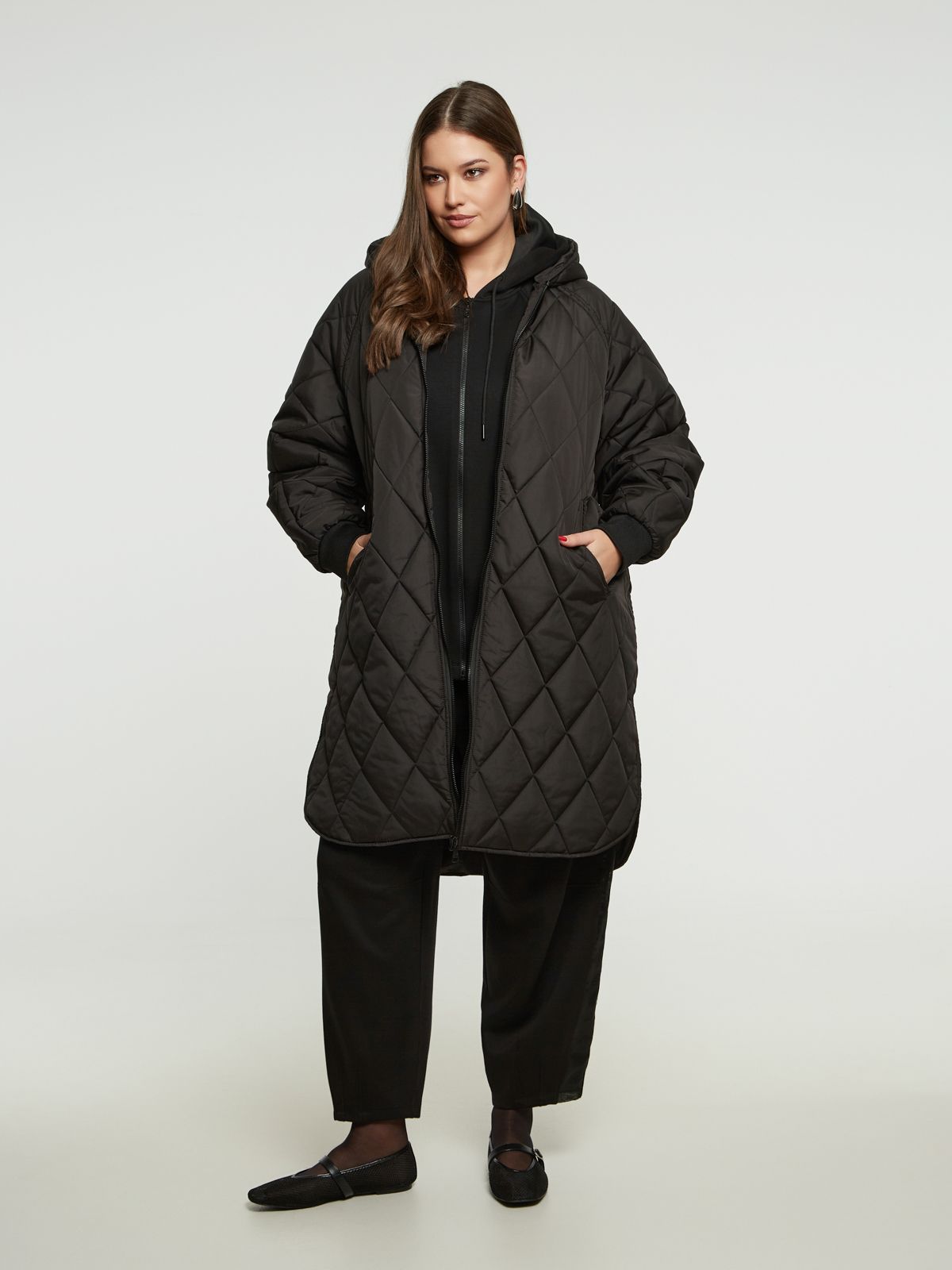 8404.4043 Long Quilted Hoodie Coat - Brown Loft