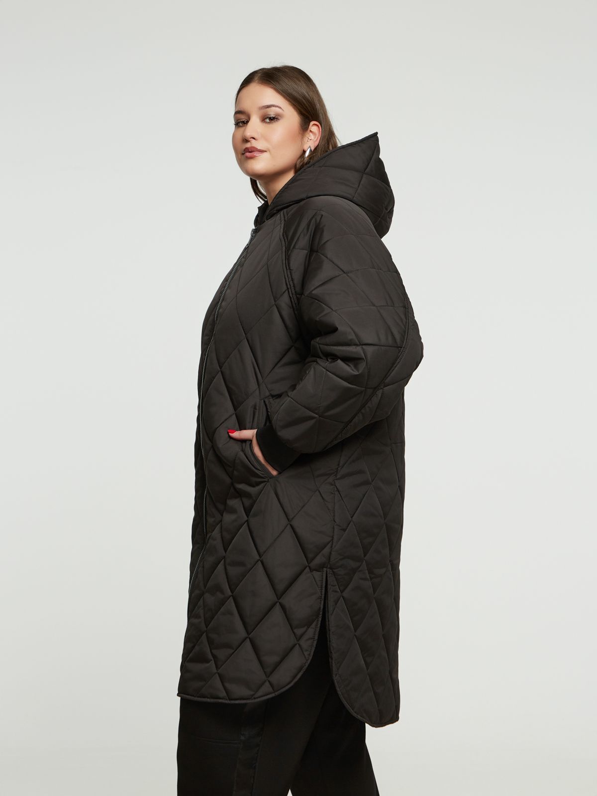 8404.4043 Long Quilted Hoodie Coat - Brown Loft