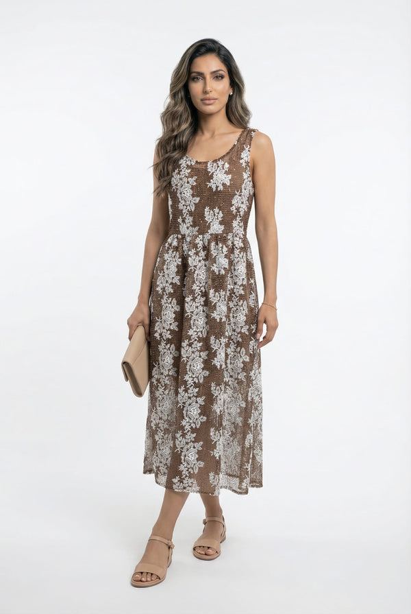 Orelia Fishnet  Floral Sleeveless Long Dress فستان طويل بدون أكمام بنقشة زهور شبكية