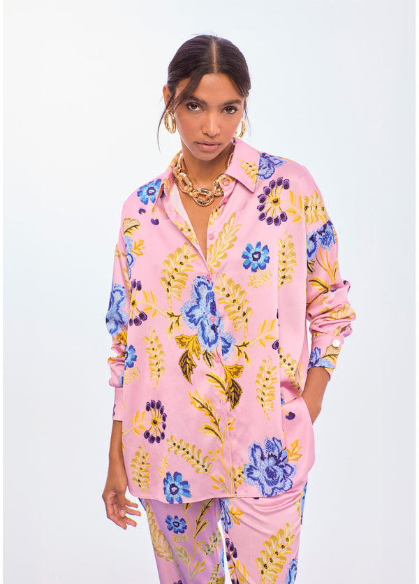 LS2615052 Placket Buttoned Floral Print Oversized Satin Shirt