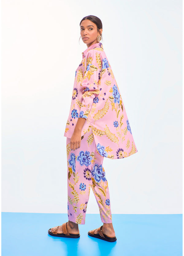 LS2615052 Placket Buttoned Floral Print Oversized Satin Shirt