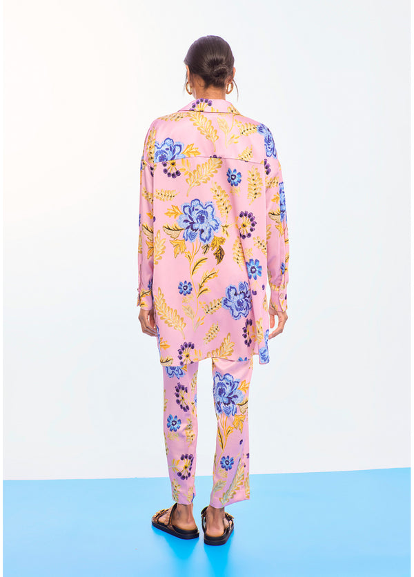 LS2615052 Placket Buttoned Floral Print Oversized Satin Shirt
