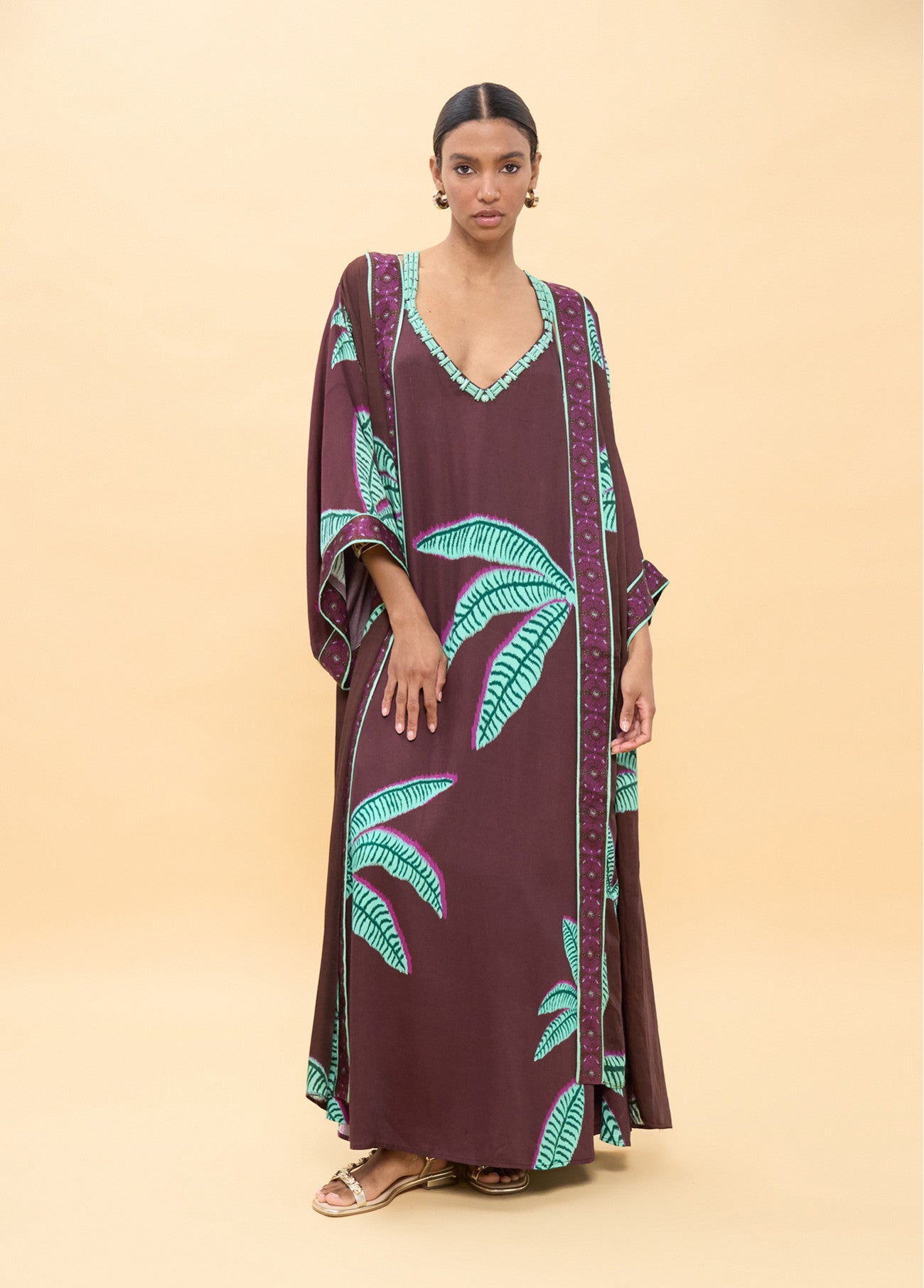 LS2616022/2004 Palm Print Strap Dress and Cardigan فستان بحزام مطبوع بأشكال النخيل وكارديغان - Brown Loft