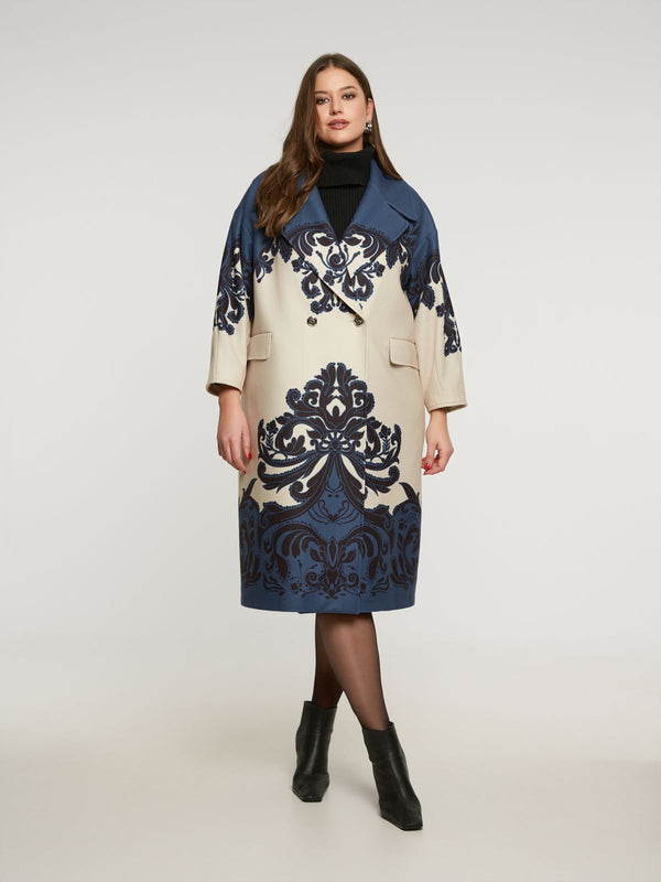 8401.4058 Ornamental Patterned Oversized Midi Length Coat معطف متوسط الطول كبير الحجم بنقوش مزخرفة
