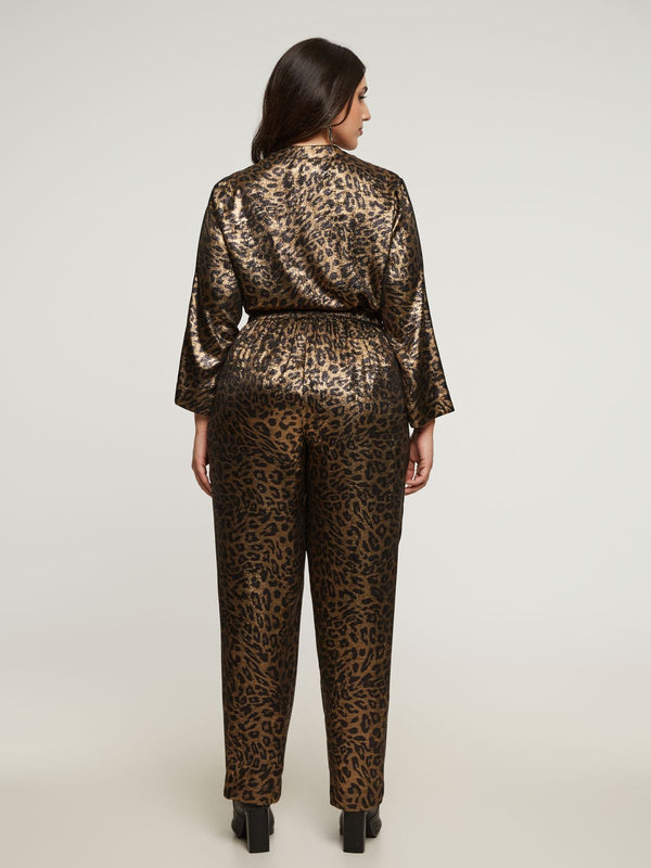 8401.3017/2039  Metallic Leopard Shirt and Relaxed Tapered Pants قميص جلد النمر المعدني وبنطلون ضيق مريح