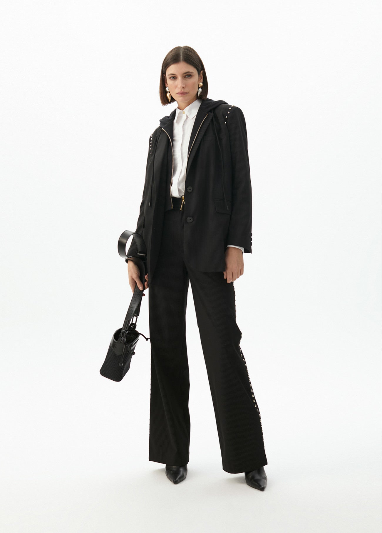 2502020/4014 Pinstriped Jacket with Detachable Hood and Classic Straight Pants - Brown Loft