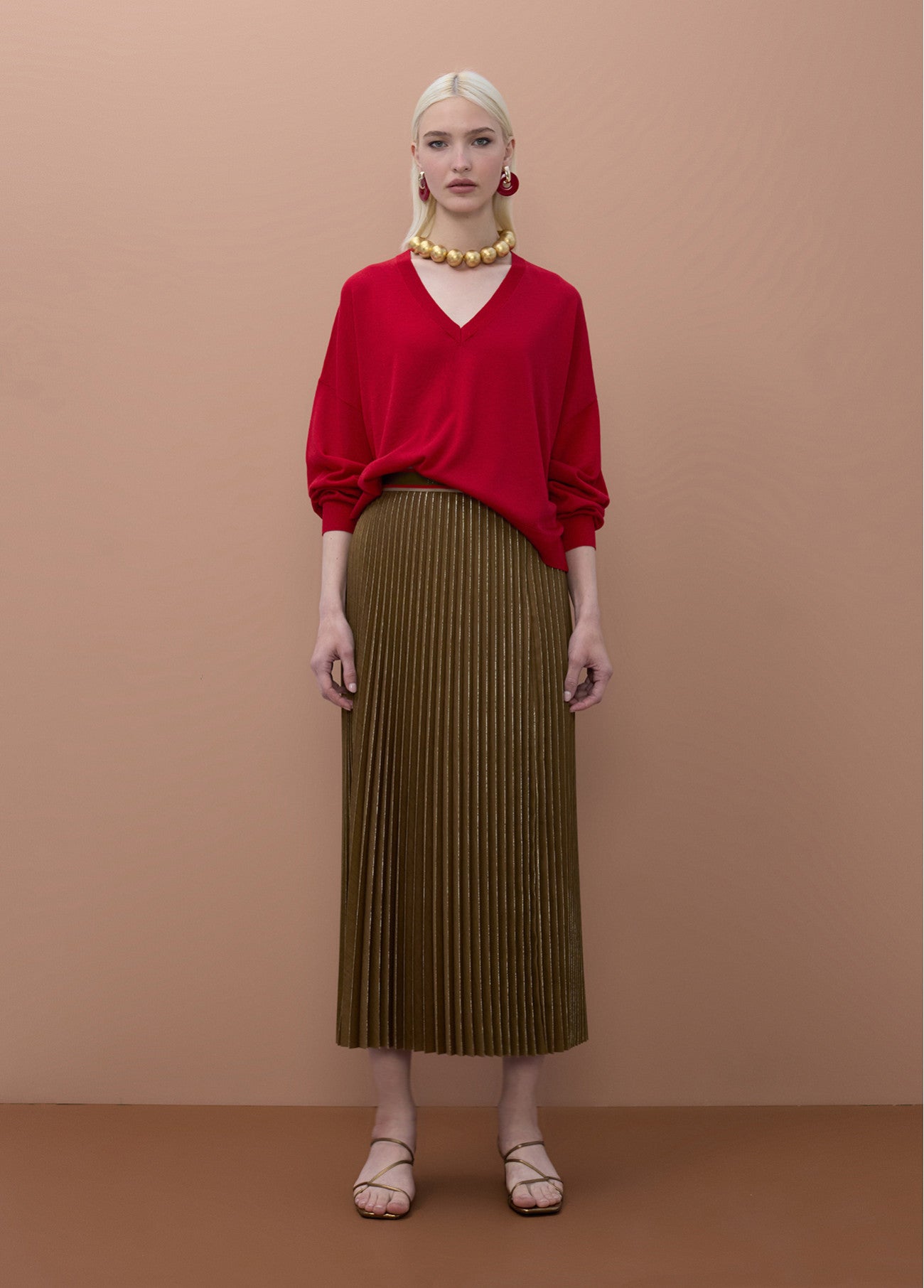 MS2608004 Pleated Midi Skirt تنورة متوسطة الطول مطوية - Brown Loft
