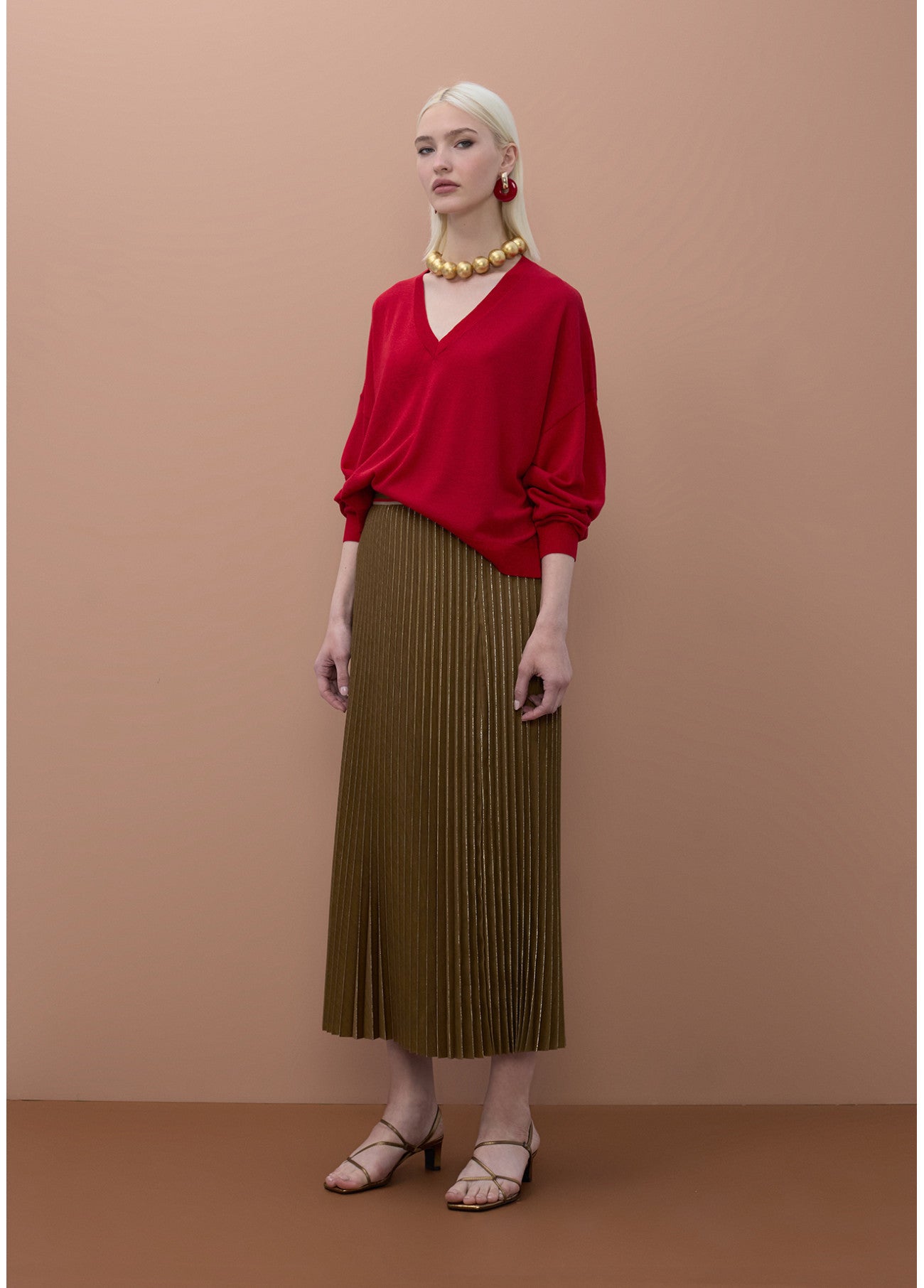 MS2608004 Pleated Midi Skirt تنورة متوسطة الطول مطوية - Brown Loft