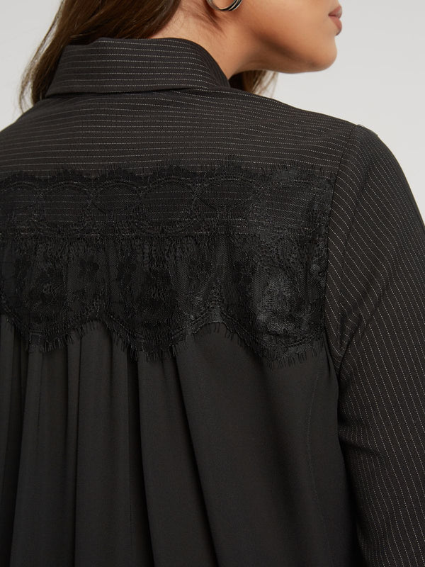 8401.3020 Long Back Lace Pinstripe Shirt قميص مخطط من الدانتيل طويل الظهر