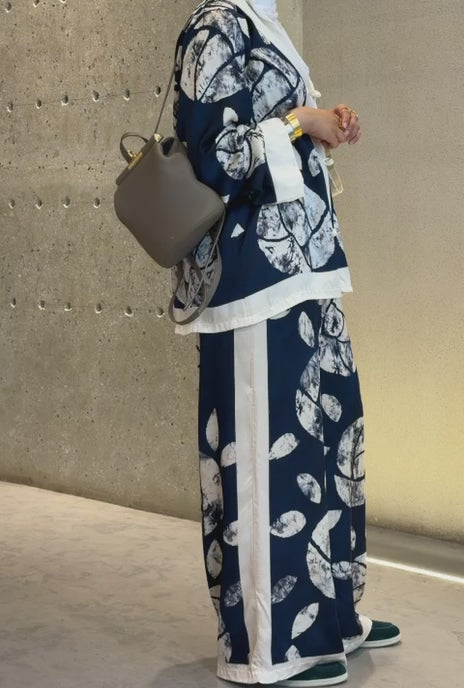 Leaf Print Satin Jacket and Pants Set KD88009/9099VS-14