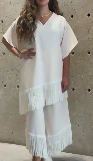 Lucivita Sets Asymmetric Fringe Top and Pants بلوزة وبنطال غير متماثلين مزينين بشراشيب