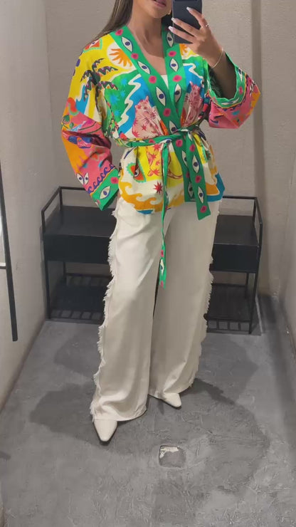 Green Illustrative Graphics Belted Kimono 67058