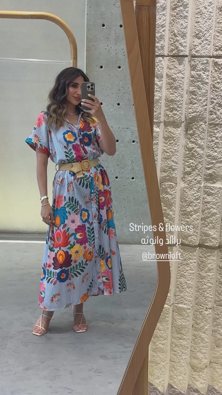 Striped Floral Printed Long Dress TDM19826