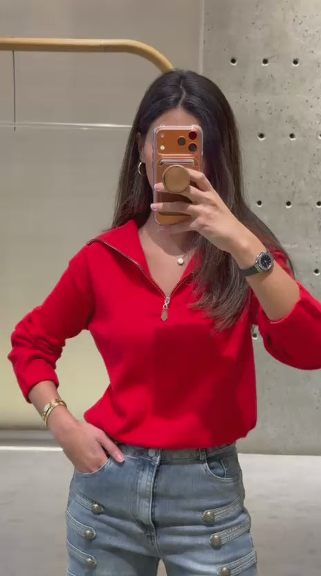Red Quarter-Zip Pullover Top U80616
