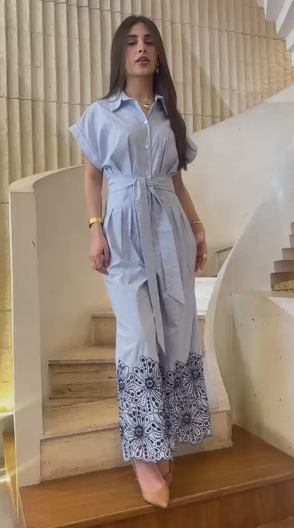 6219001 Striped Belted Jumpsuit جمبسوت مخطط بحزام