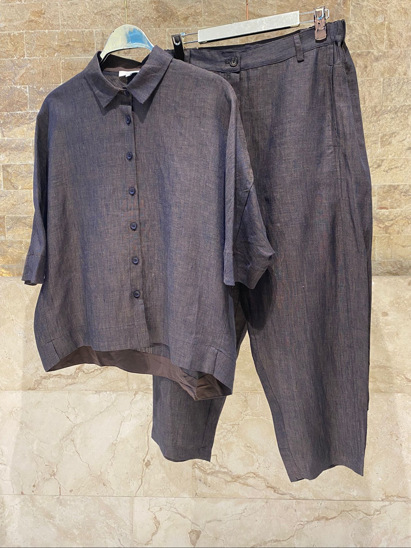 26S-1092/8093 Oversized Linen Shirt and Pants قميص وبنطال من الكتان واسع - Brown Loft